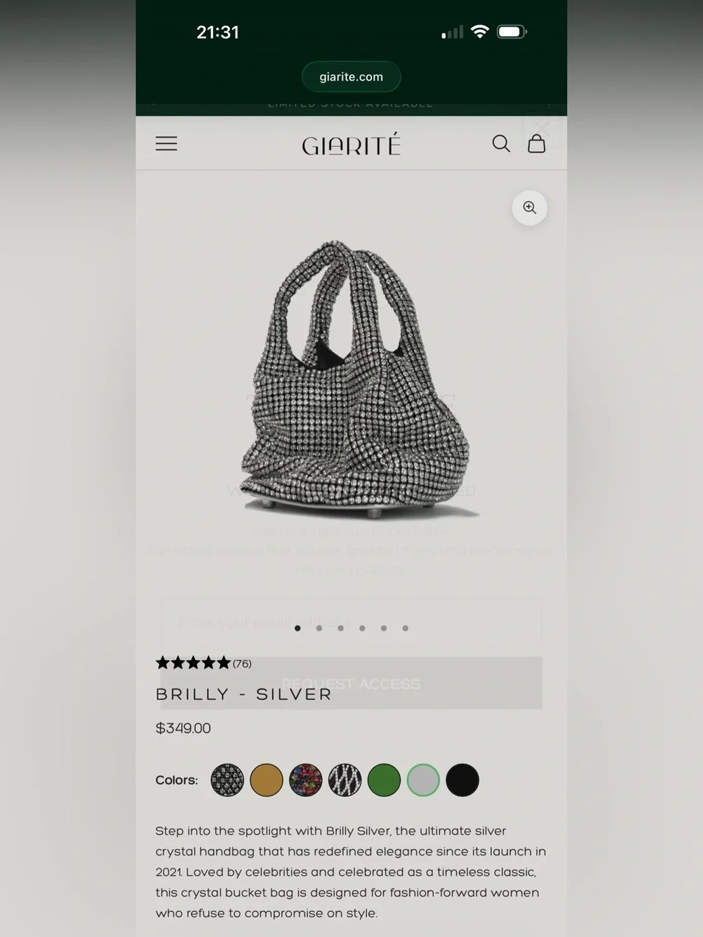 NEW w TAG GIARITÉ Brilly Silver Crystal Bucket Bag w Silver Tone Crossbody Strap